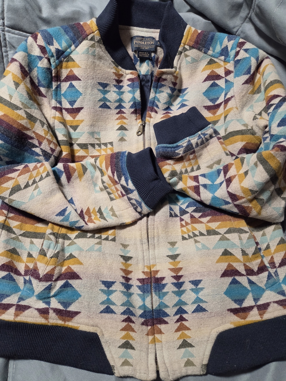 Pendleton Cream Bomber Jacket with Navy Trim and Teal Accents Possibly Shrunk